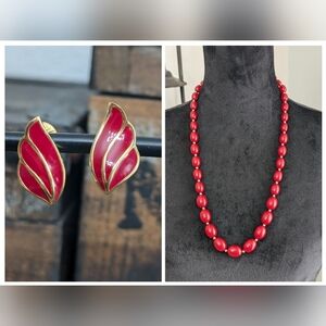 Vintage Monet Red/Gold Tone Lucite Necklace, Red/Gold Tone Enamel Earrings